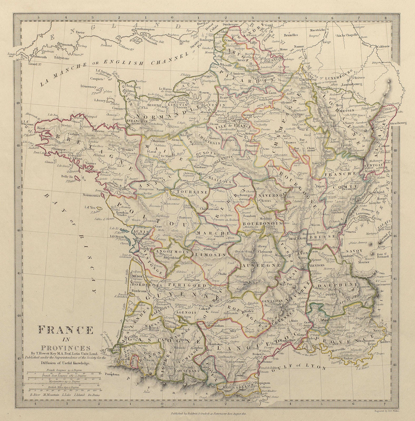 FRANCE with pre-Revolutionary PROVINCES. Original hand colour SDUK 1844 map
